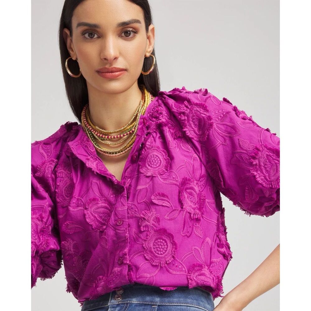 Chico's Fuchsia Embroidered Floral Button-Front Blouse